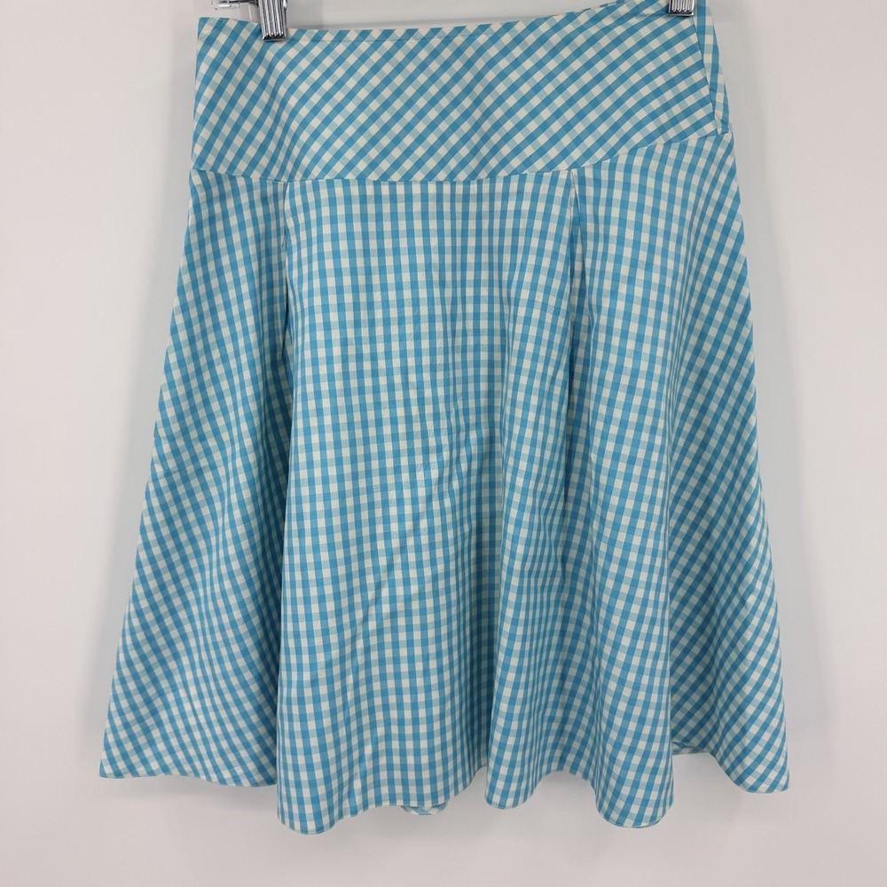 Vera Mont Silk Lined Sz 4 Turquoise Gingham Check Flare Swing Midi Skirt Germany